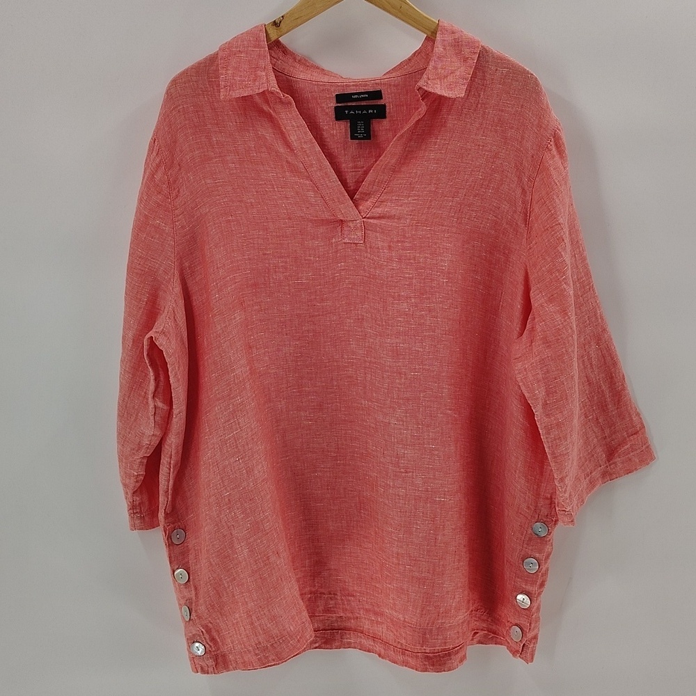 TAHARI Linen Top Size 1X V Neck Coral Pink Button Detail 3/4 Sleeve